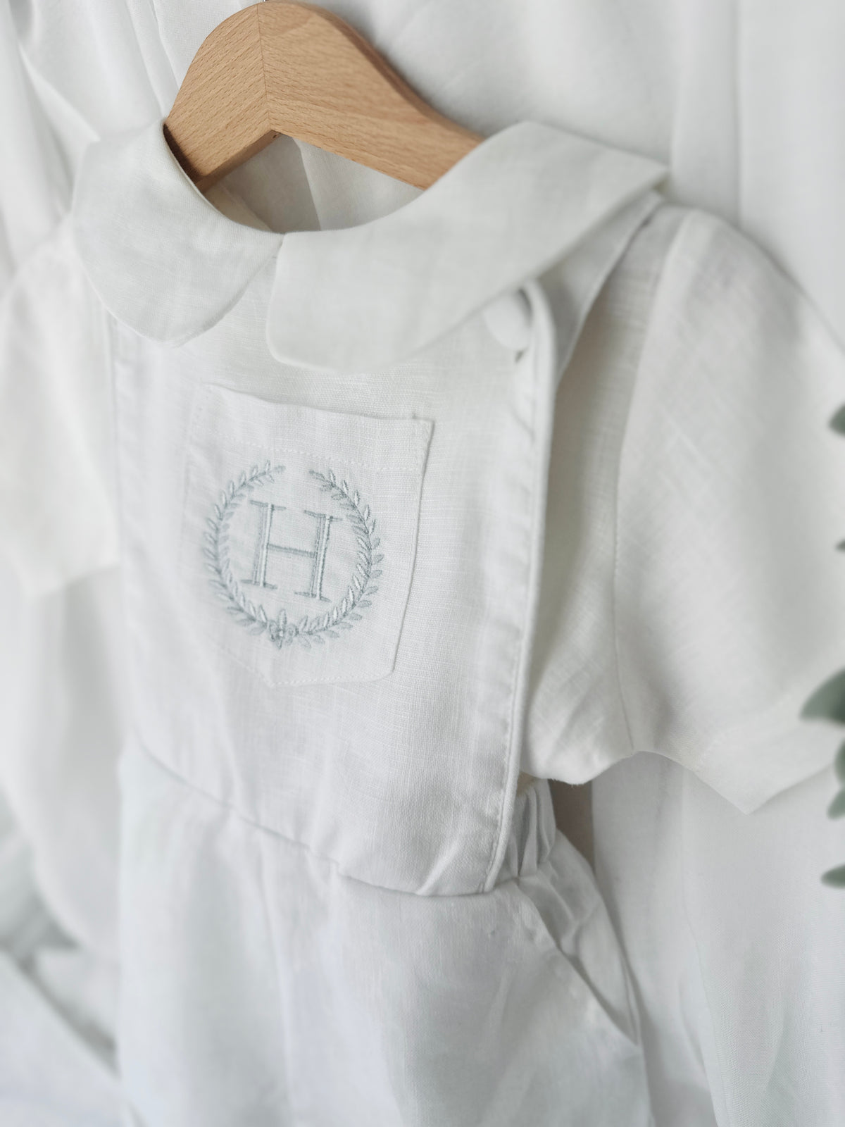 Boys white pure linen overalls suspender shorts with optional shirt and embroidery