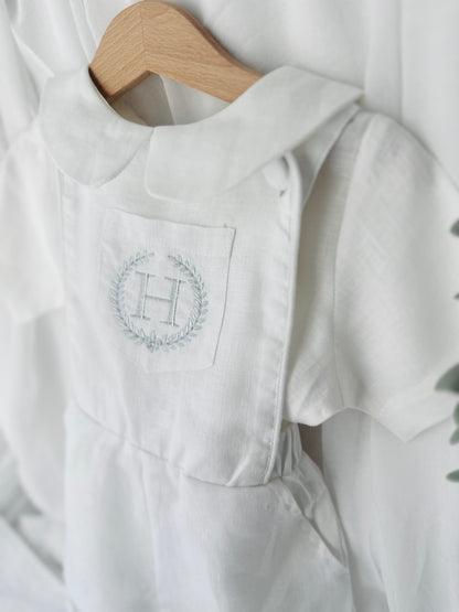 Boys white pure linen overalls suspender shorts with optional shirt and embroidery