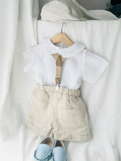 Beige and white linen Birthday and Baptism blouse with suspender shorts set