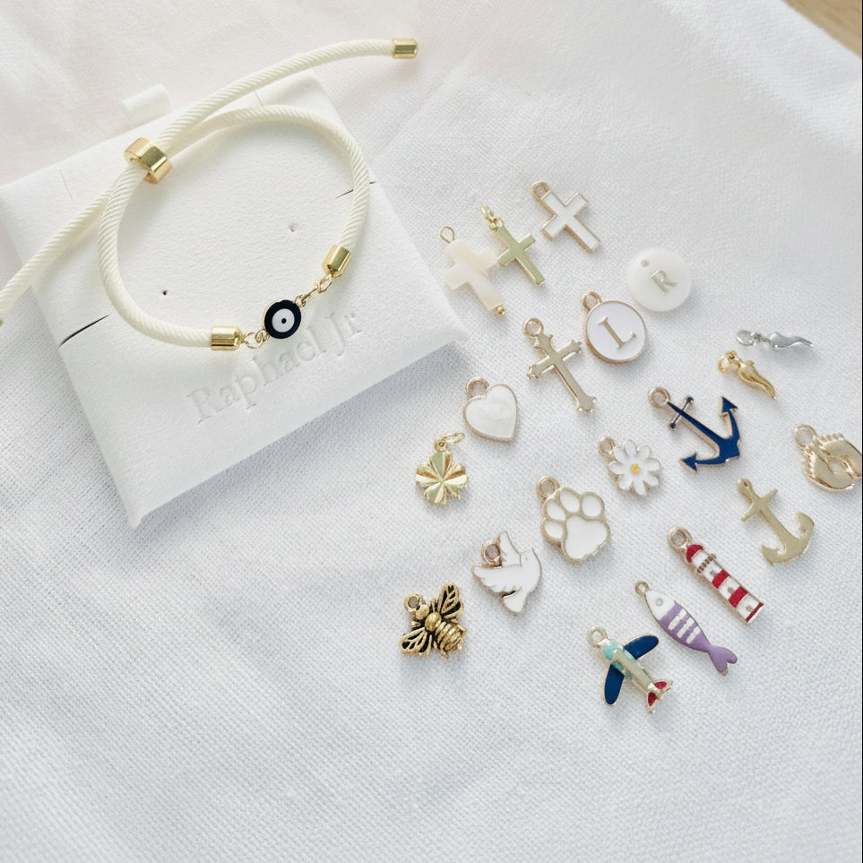 Evil eye bracelet white rope with gold clasps and optional charm