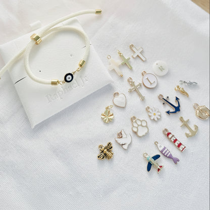 Evil eye bracelet white rope with gold clasps and optional charm