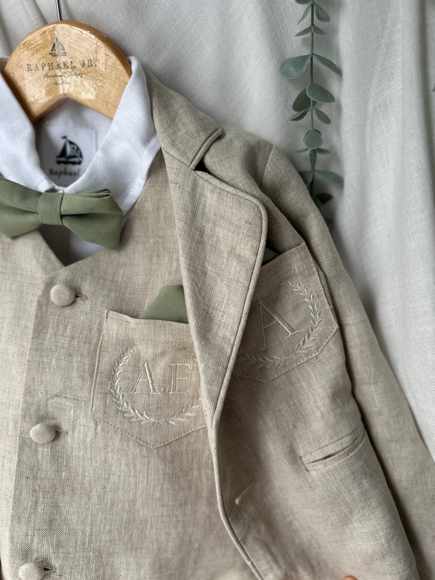 Beige Linen vest suit, shirt, pants, suspenders and bowtie plus optional jacket, cap and shoes