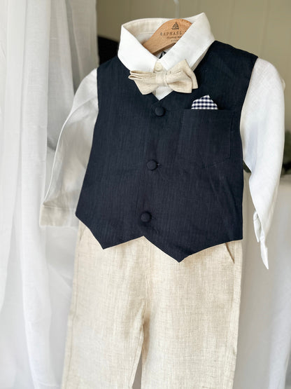 Beige linen suit with Navy blue vest