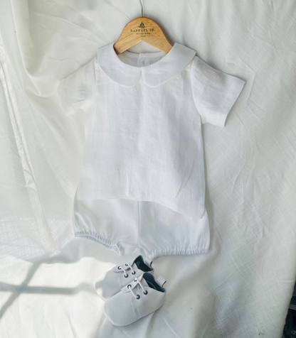 Baby and Toddler Boys white linen baptism outfit with bloomers and blouse shirt