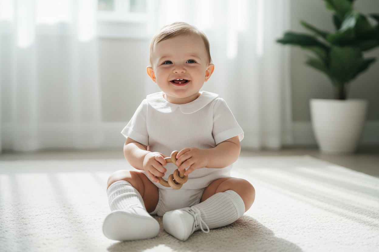 Boys white and grey linen baptism outfit with bloomers and blouse shirt