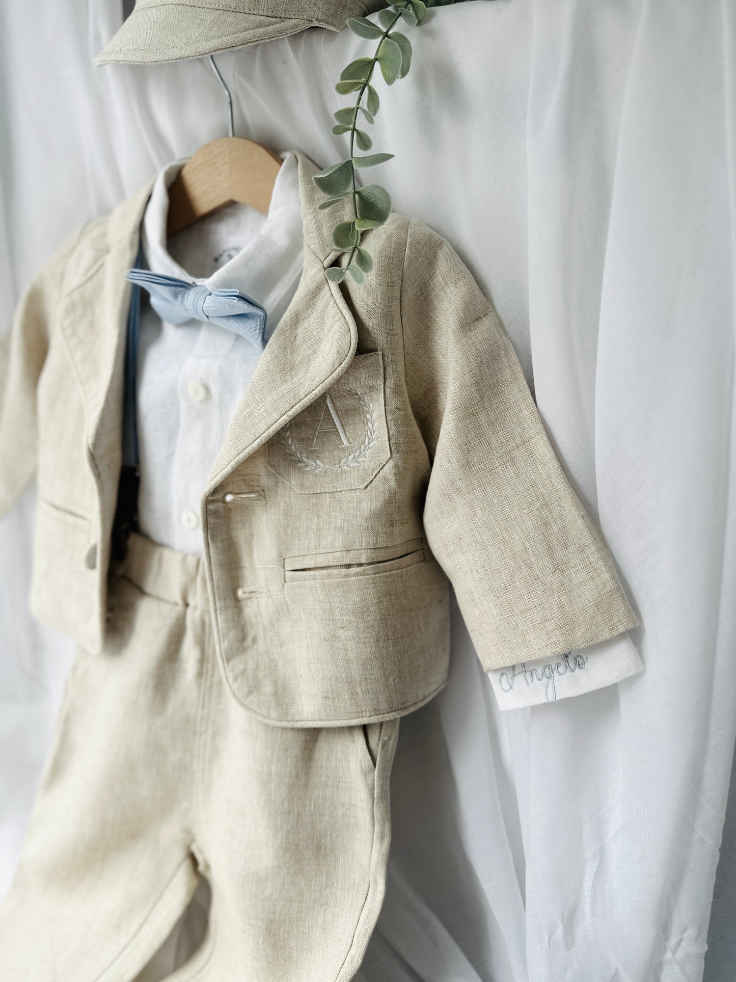 Beige linen baby and toddler boys formal baptism or wedding suit with accessories and optional personalisation