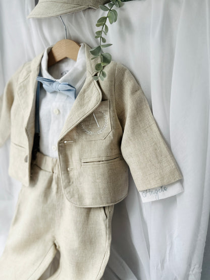 Beige linen baby and toddler boys formal baptism or wedding suit with accessories and optional personalisation
