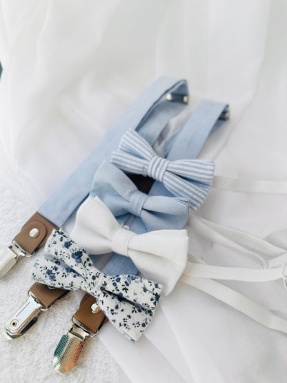 Boys pale blue shorts with linen shirt, blue suspenders and bow tie outfit plus optional extras