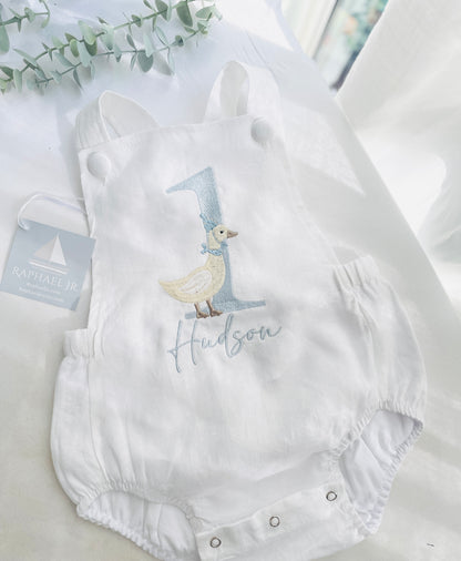 Boys White Linen First Birthday overalls romper one silly goose onederful world oneder the sea teddy car balloons and more