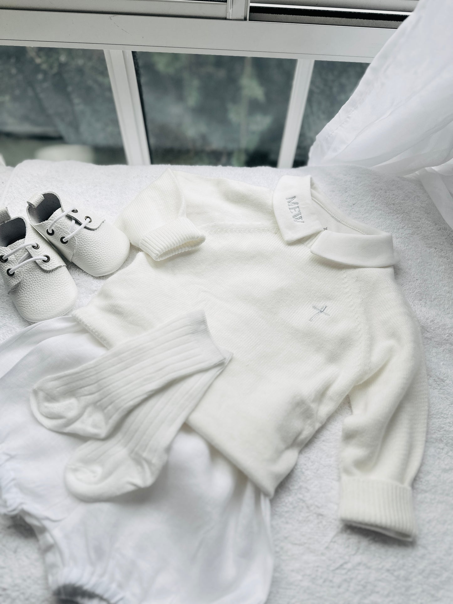 Baptism outfit with cotton onesie and jumper and linen bloomers and long socks