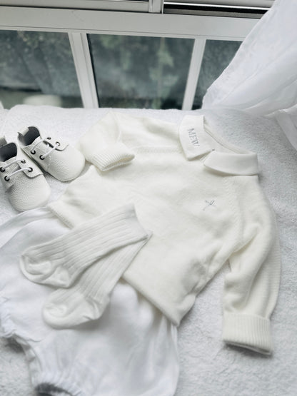 Baptism outfit with cotton onesie and jumper and linen bloomers and long socks