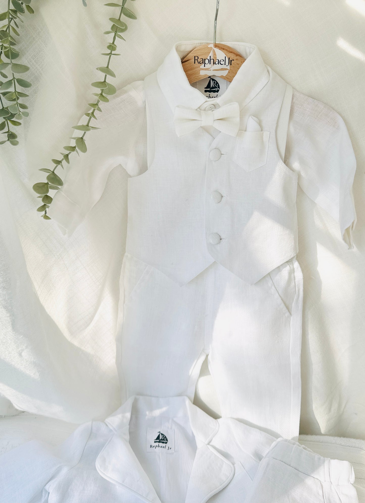 Baby and Toddler Boys white linen full length set with vest, shirt, pants, suspenders and bowtie