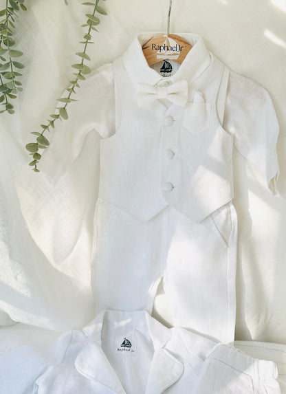 Boys white linen full 5 piece suit with vest, jacket, shirt, pants, suspenders and bow tie plus extras