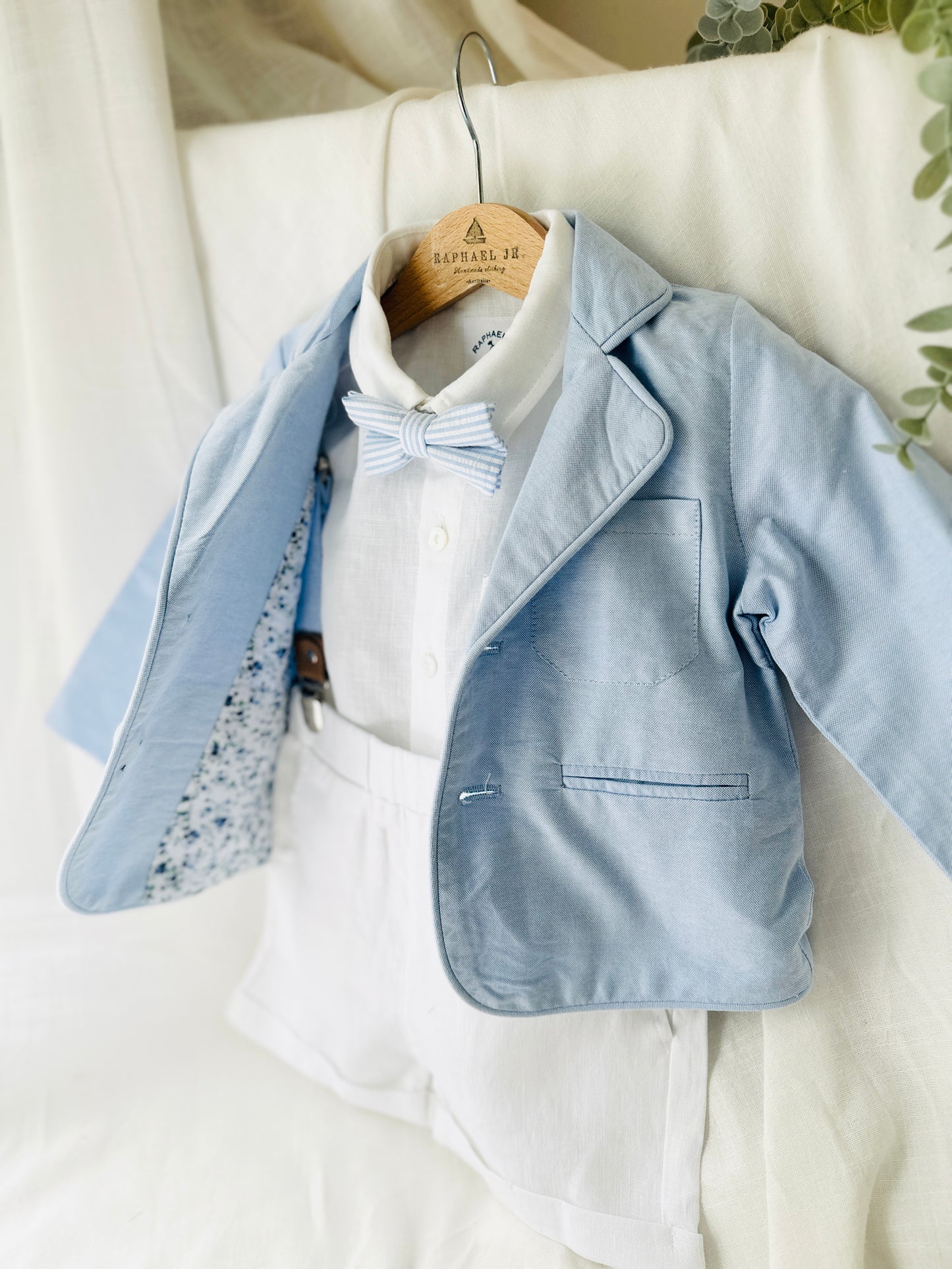 White linen summer Baptism outfit with shorts shirt and suspenders and optional pale blue jacket