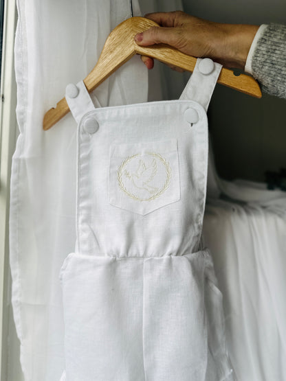 Boys white pure linen overalls suspender shorts with optional shirt and embroidery