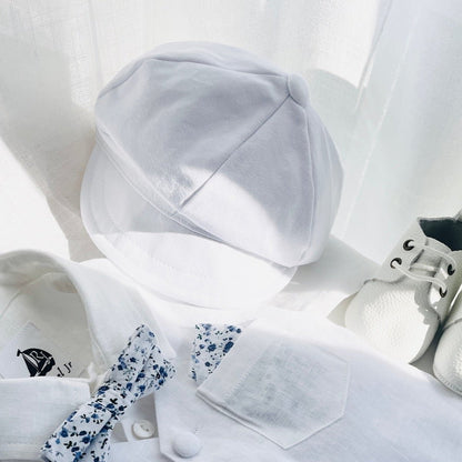 Baby and Toddler Boys white linen outfit with vest, shirt, pants, suspenders and bowtie plus optional blue blazer