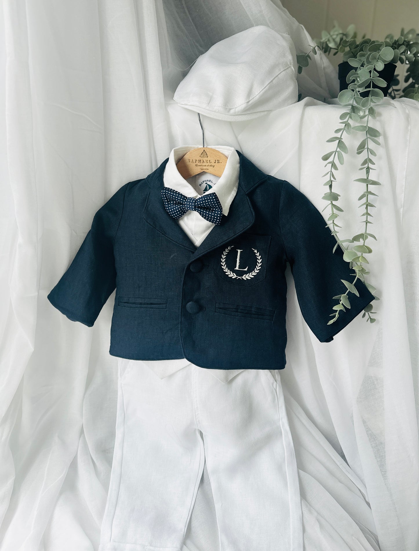 Boys white vest with white linen suit and navy jacket set