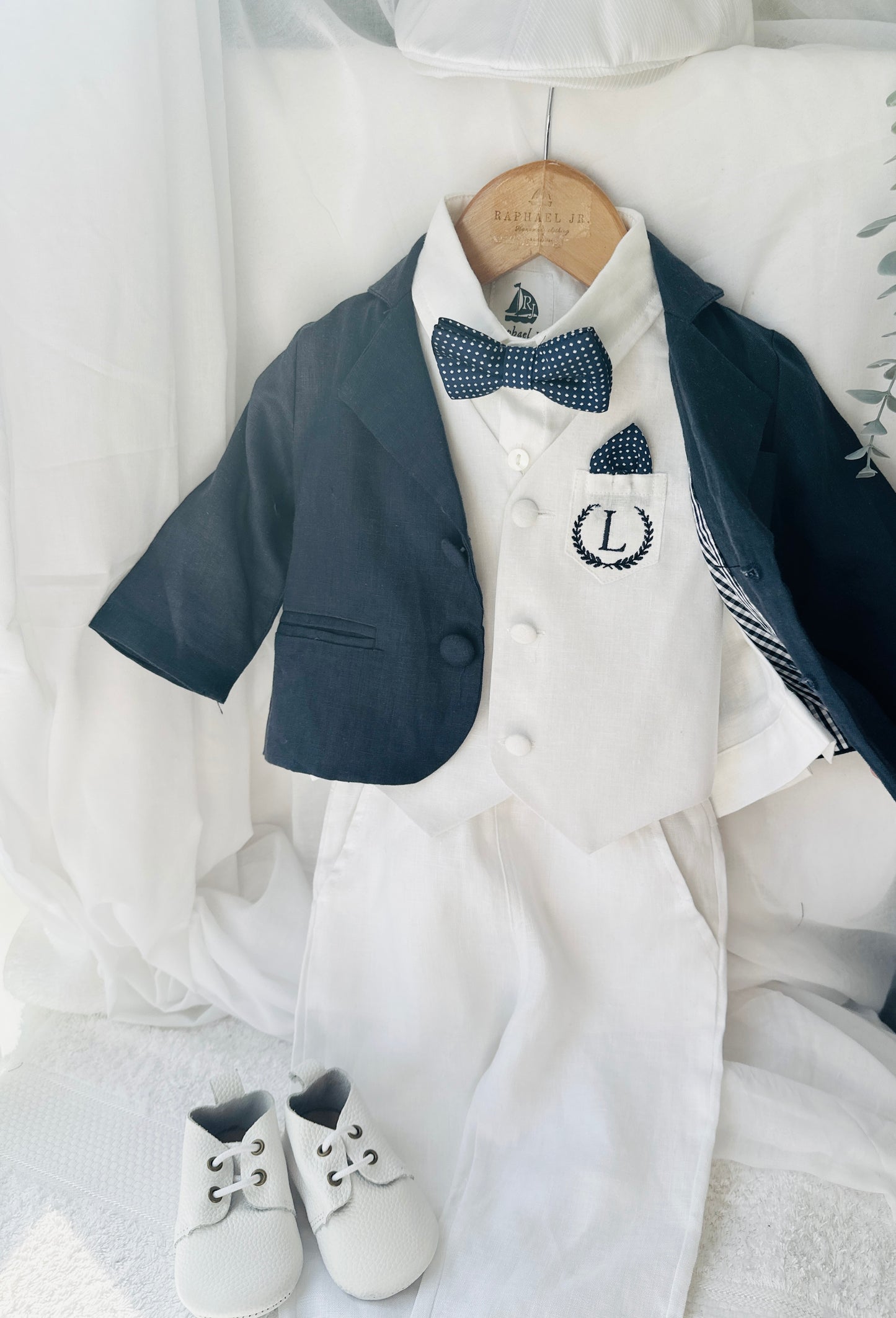 Boys white vest with white linen suit and navy jacket set