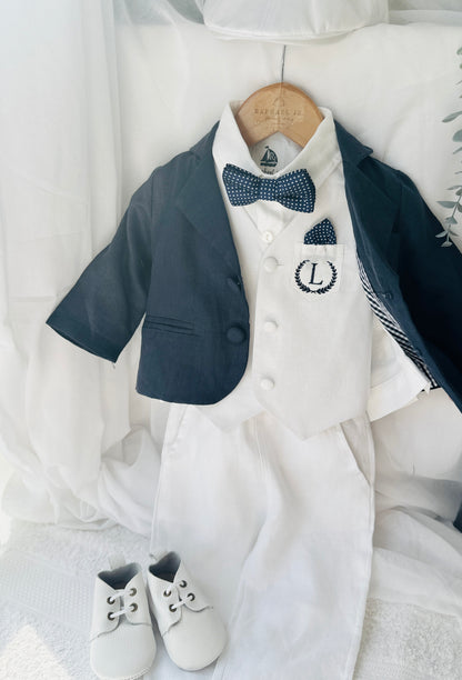 Boys white vest with white linen suit and navy jacket set