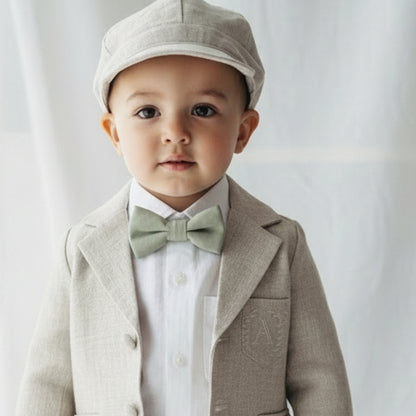 Beige Linen vest suit, shirt, pants, suspenders and bowtie plus optional jacket, cap and shoes