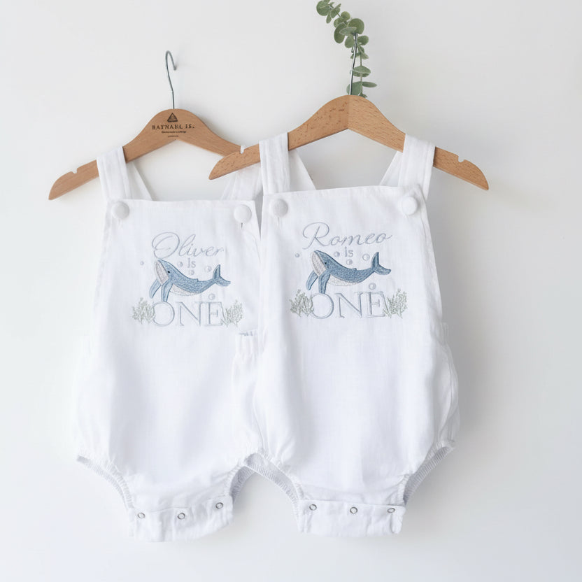 Boys Beige Linen First Birthday romper overalls wild one safari