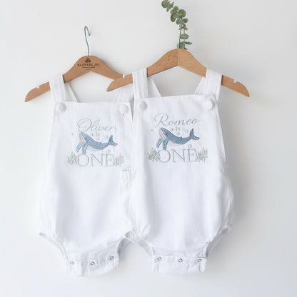 Boys Beige Linen First Birthday romper Pooh Bear and other designs