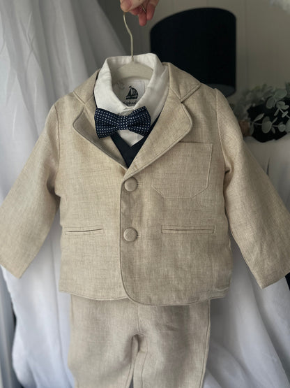 Beige linen suit with Navy blue vest