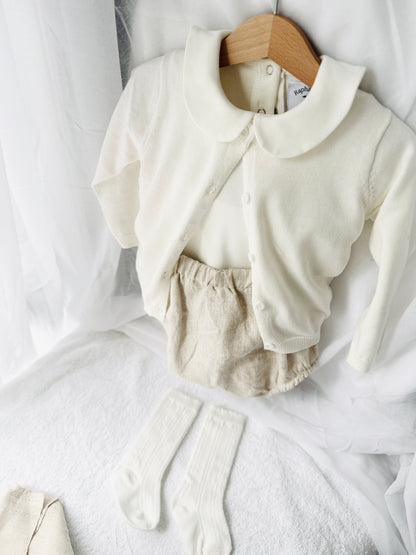 Baptism outfit with cotton onesie and cardigan or jumper and beige linen bloomers and white socks
