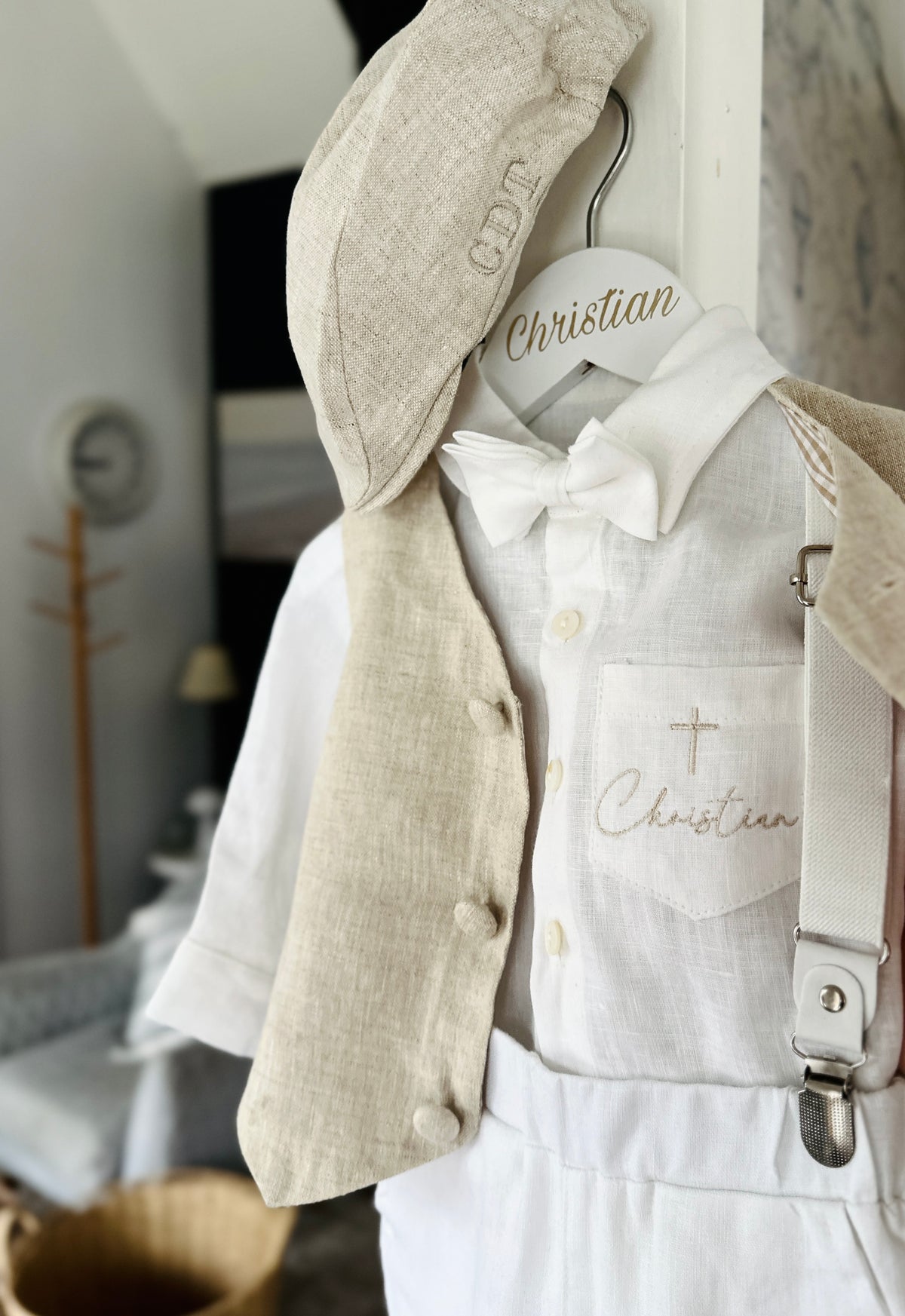 White and Beige Linen set with vest, shirt, pants, suspenders and bowtie plus optional jacket, cap and shoes
