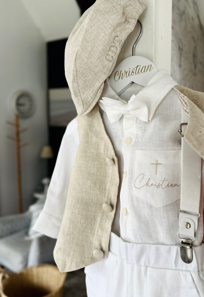 White and Beige Linen set with vest, shirt, pants, suspenders and bowtie plus optional jacket, cap and shoes