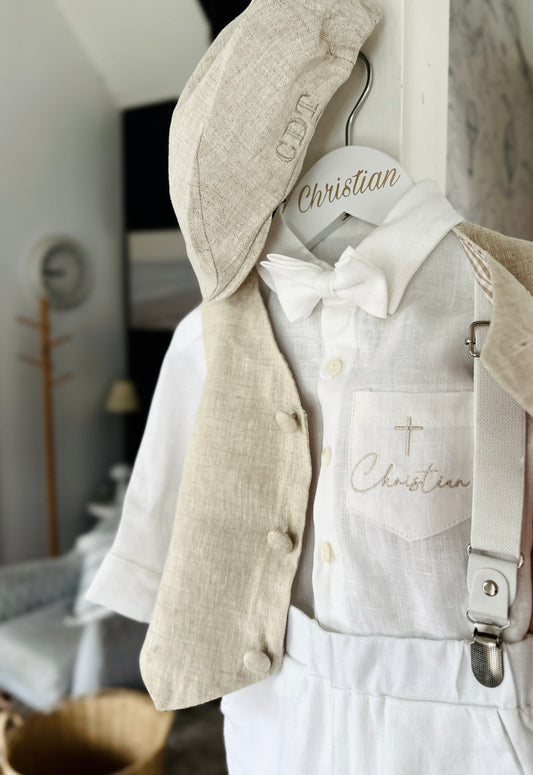 White and Beige Linen set with vest, shirt, pants, suspenders and bowtie plus optional jacket, cap and shoes