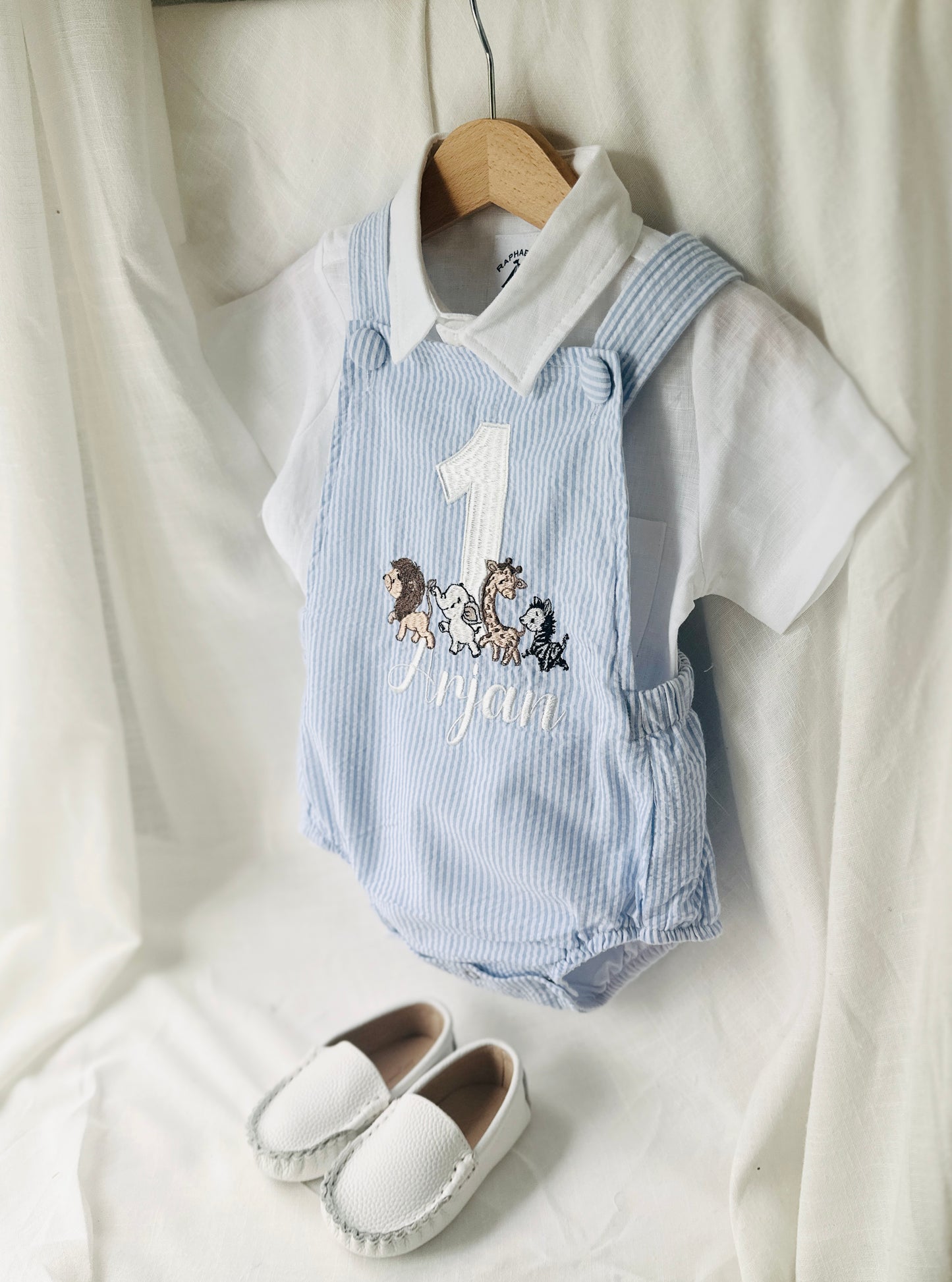 Baby and Toddler boys blue and white linen baptism and birthday romper and shirt set