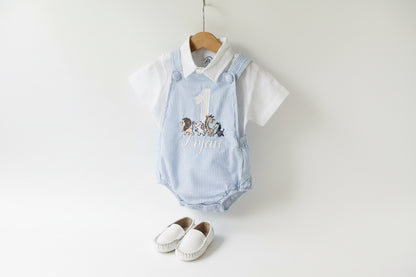 Baby and Toddler boys blue and white linen baptism and birthday romper and shirt set