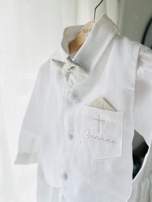 Boys white linen full length Baptism set with vest, shirt, pants, suspenders and bow tie