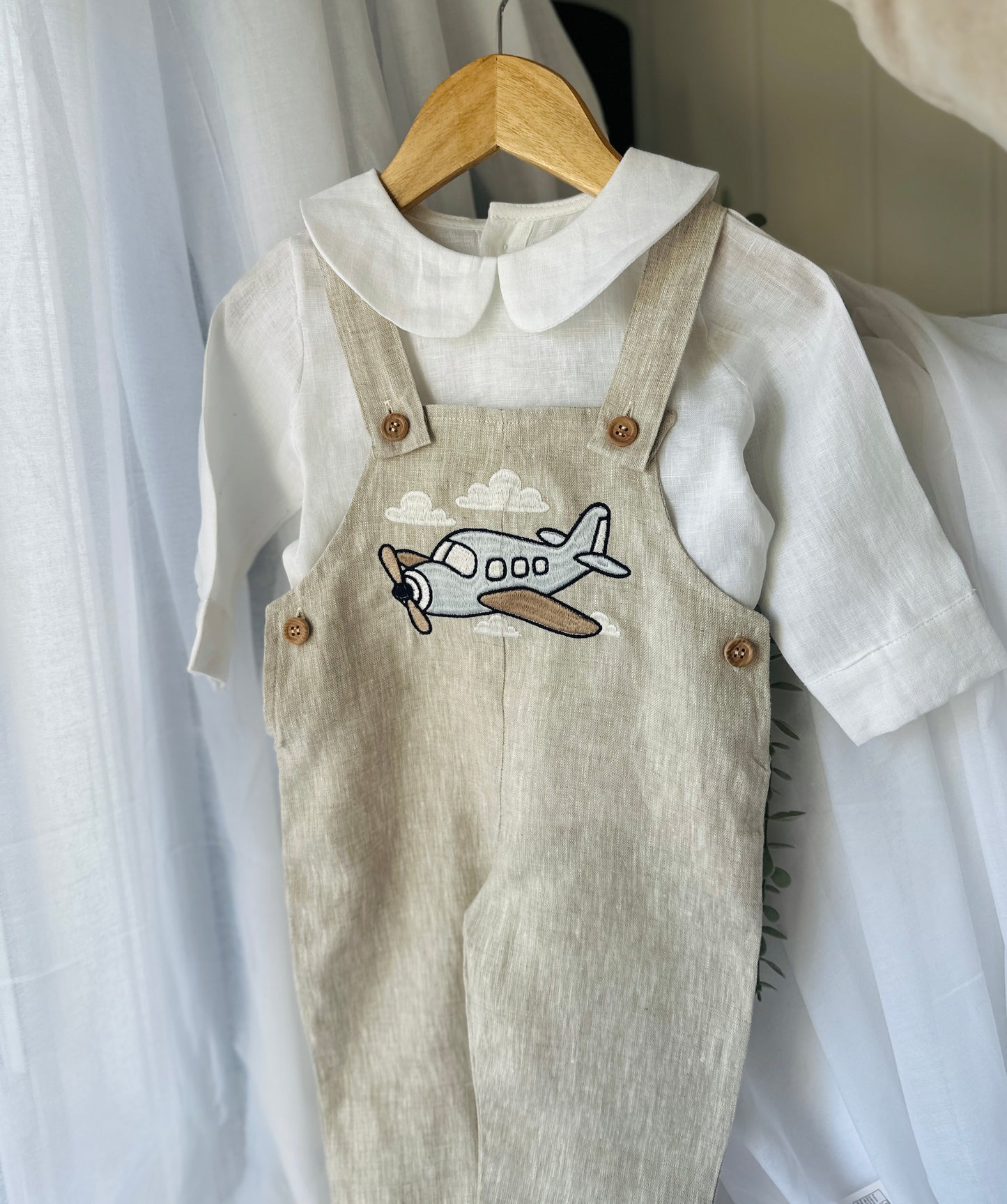 Boys Beige Linen Birthday overalls romper dungarees safari balloon fast car wild sea themes