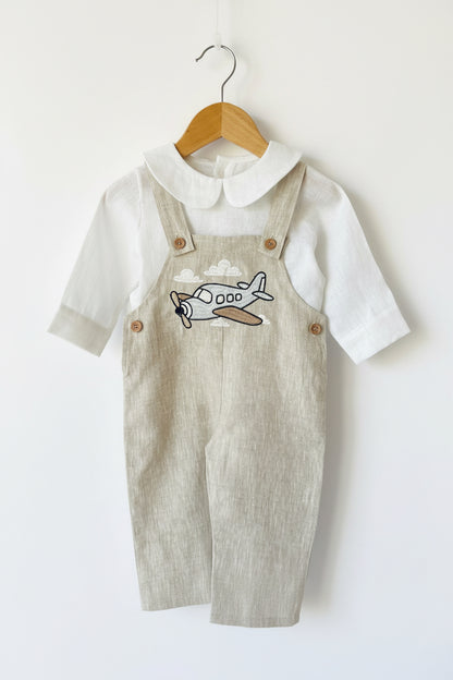 Boys Beige Linen Birthday overalls romper dungarees safari balloon fast car wild sea themes