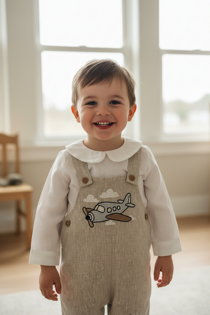 Boys Beige Linen Birthday overalls romper dungarees safari balloon fast car wild sea themes