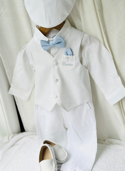 Boys white linen full length Baptism set with vest, shirt, pants, suspenders and bow tie