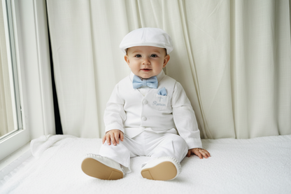 Boys white linen full length Baptism set with vest, shirt, pants, suspenders and bow tie