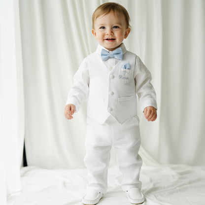 Boys white vest with white linen suit and navy jacket set