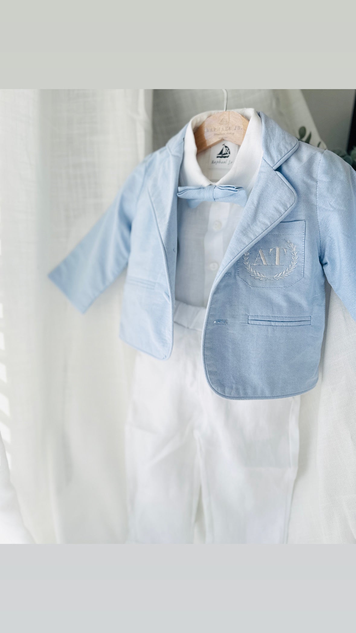 White linen Baptism Suit outfit with optional blue jacket and Accessories