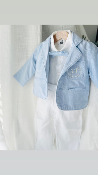 White linen Baptism Suit outfit with optional blue jacket and Accessories