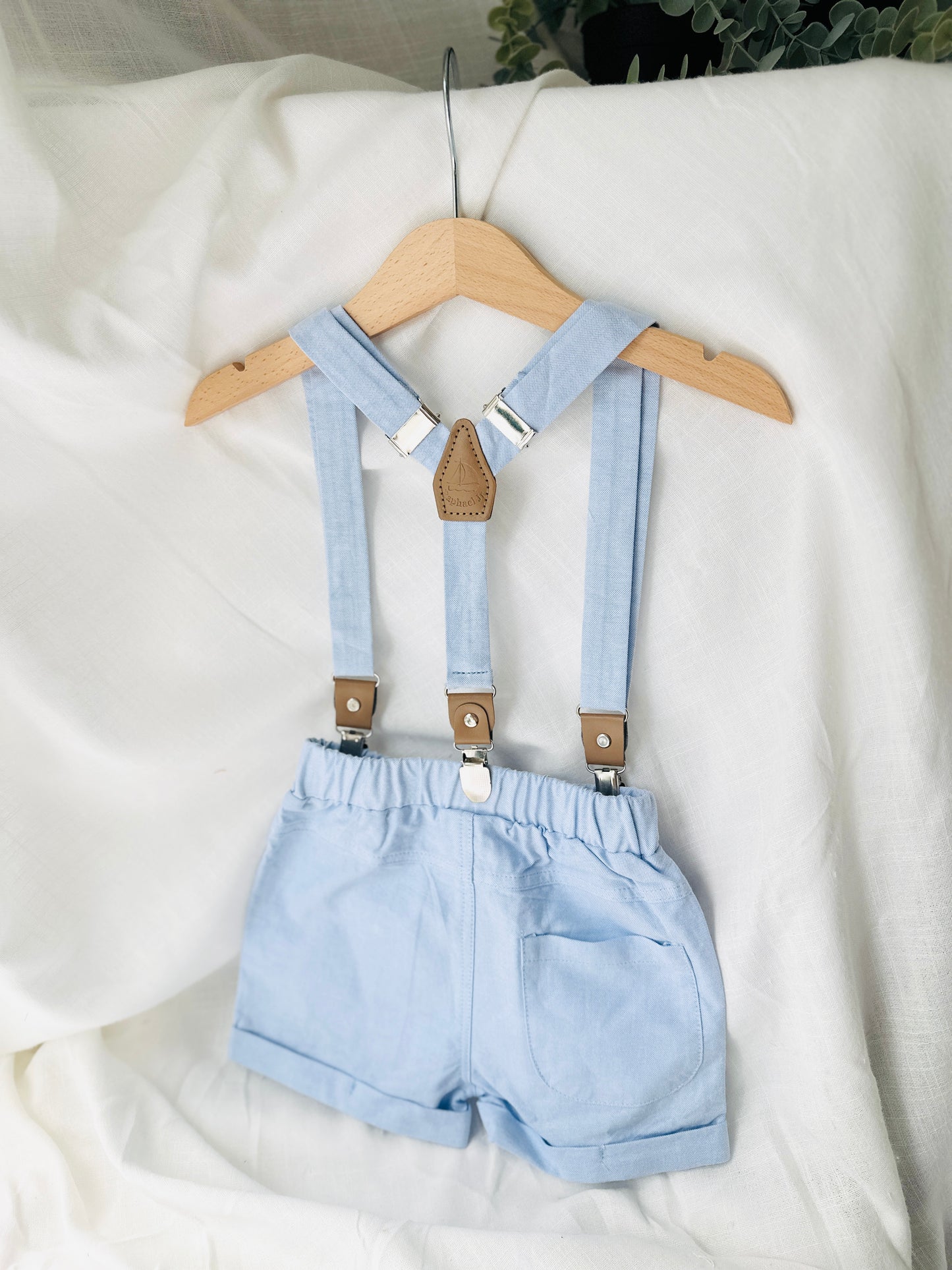 Pale blue summer vest set with blue vest, suspender shorts white shirt and blue blazer