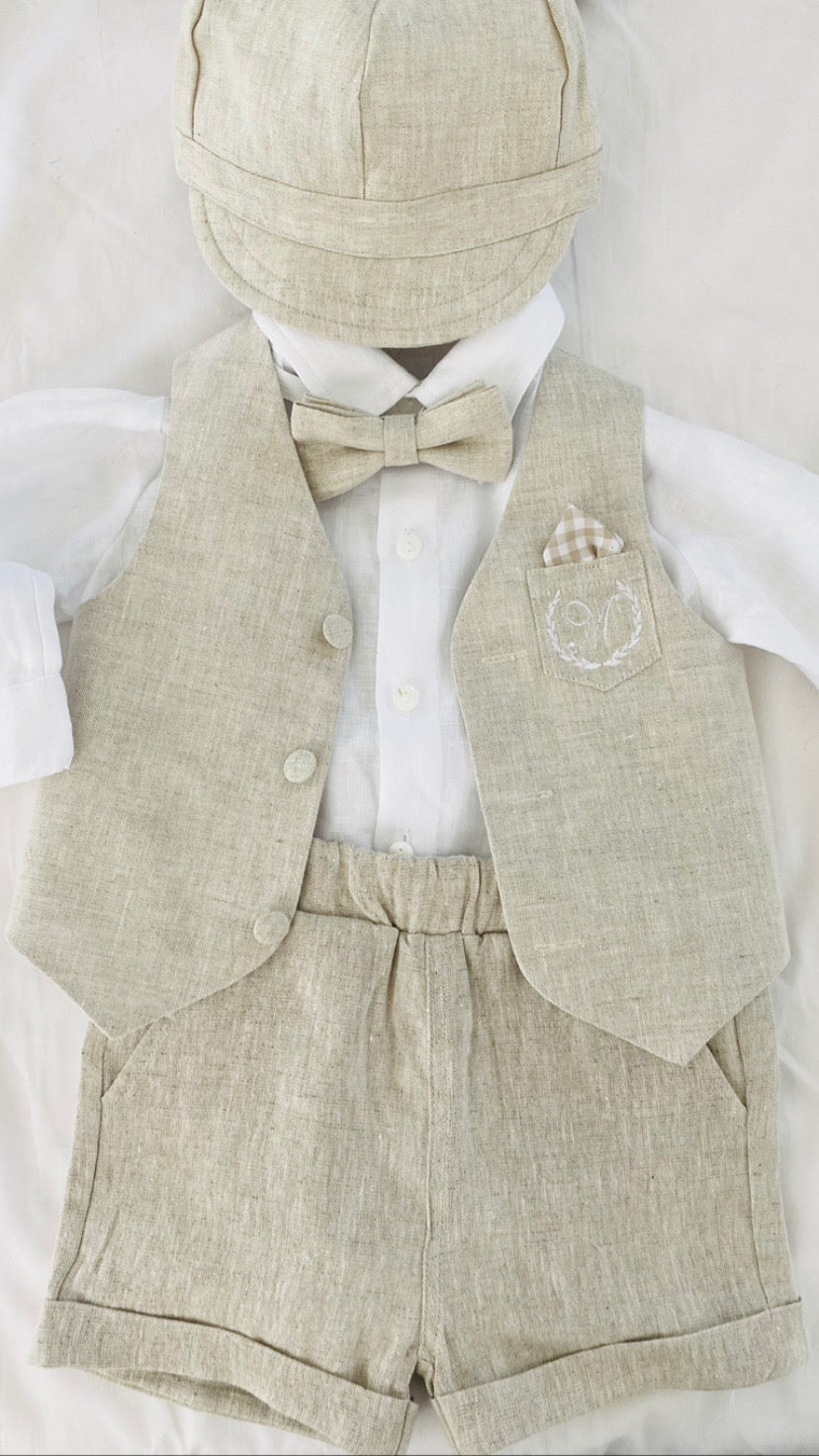 Baby and Toddler Boys white and beige linen summer set with vest, shirt, shorts, suspenders and bowtie