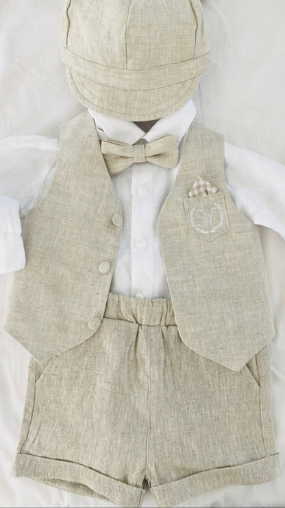 Beige linen paper boy cap for baptisms and christenings with optional embroidery