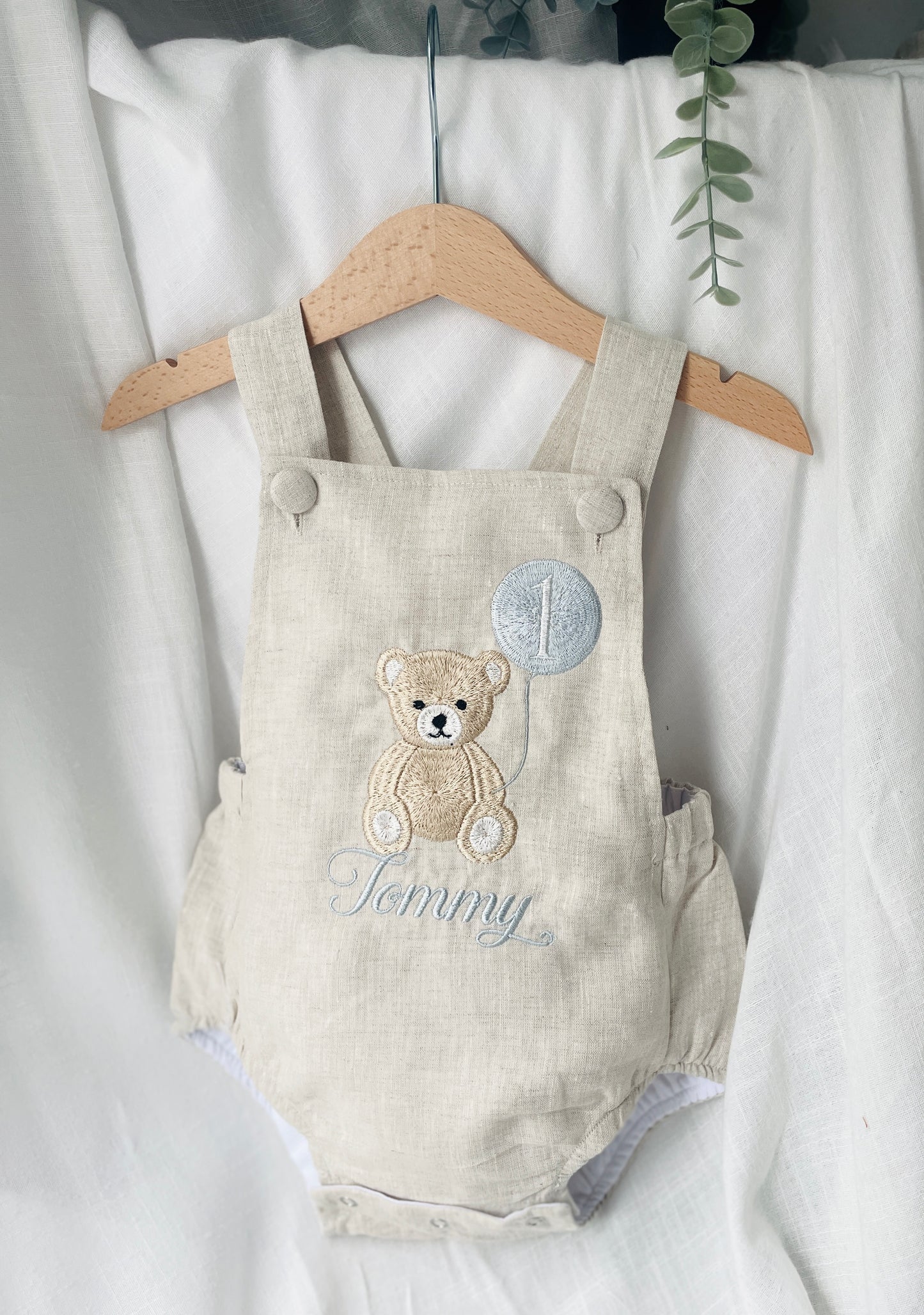 Boys Beige Linen First Birthday romper overalls wild one safari