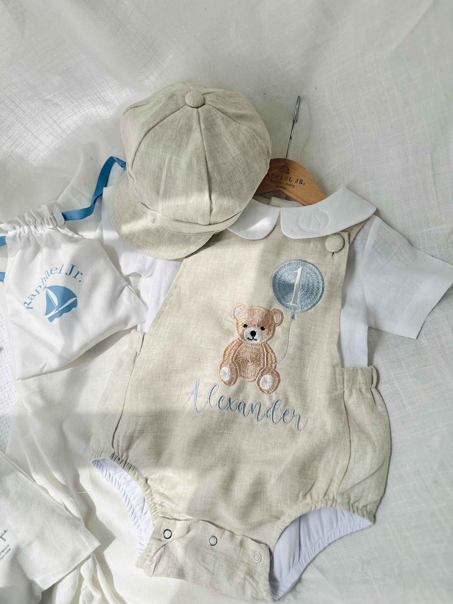 Beige and white linen Birthday and Baptism romper and blouse set