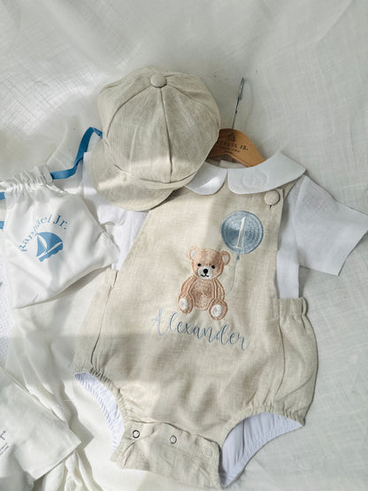 Beige and white linen Birthday teddy bear romper and blouse set