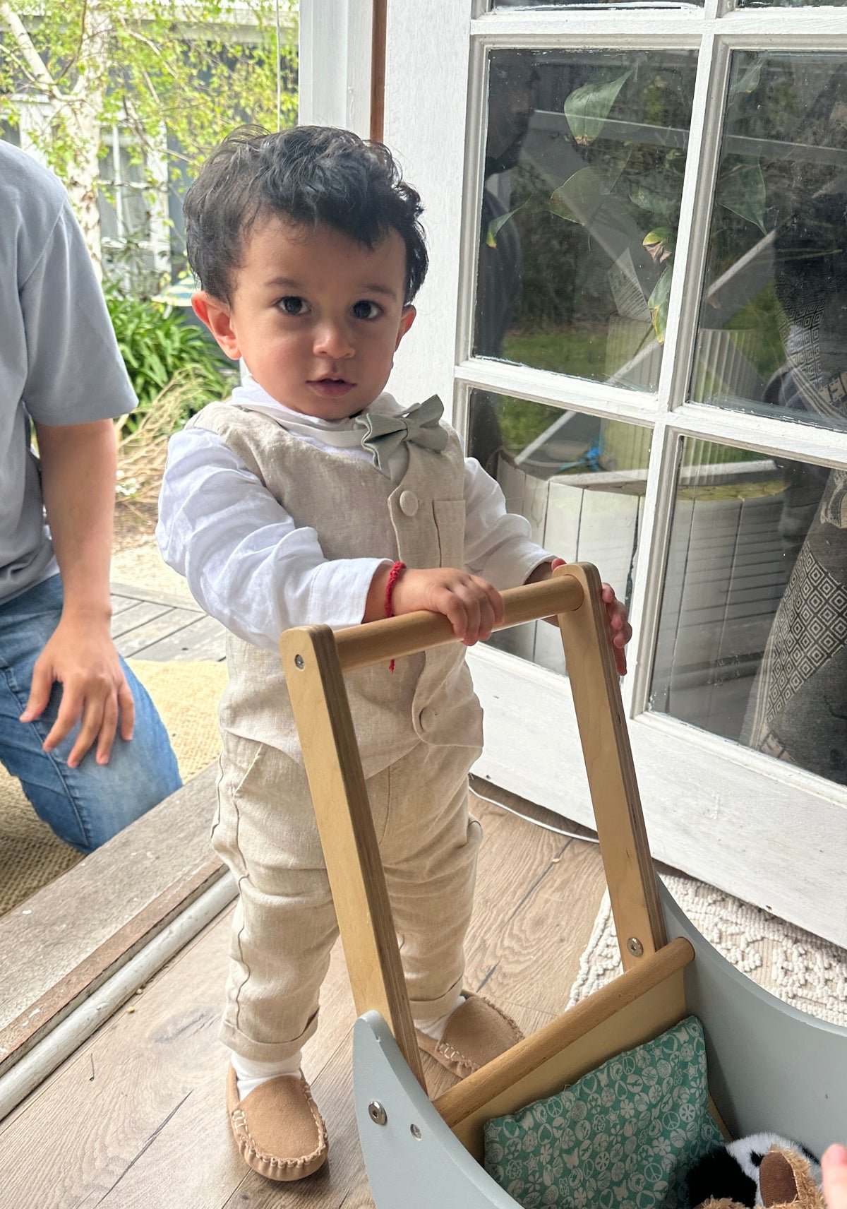 White and Beige Linen set with vest, shirt, pants, suspenders and bowtie plus optional jacket, cap and shoes