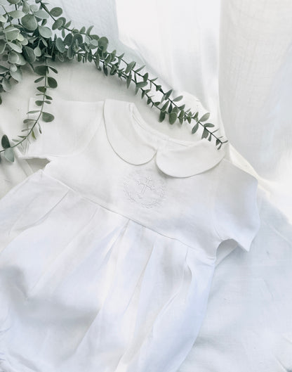 Linen Baptism peter pan collar bubble romper with optional embroidery customisation